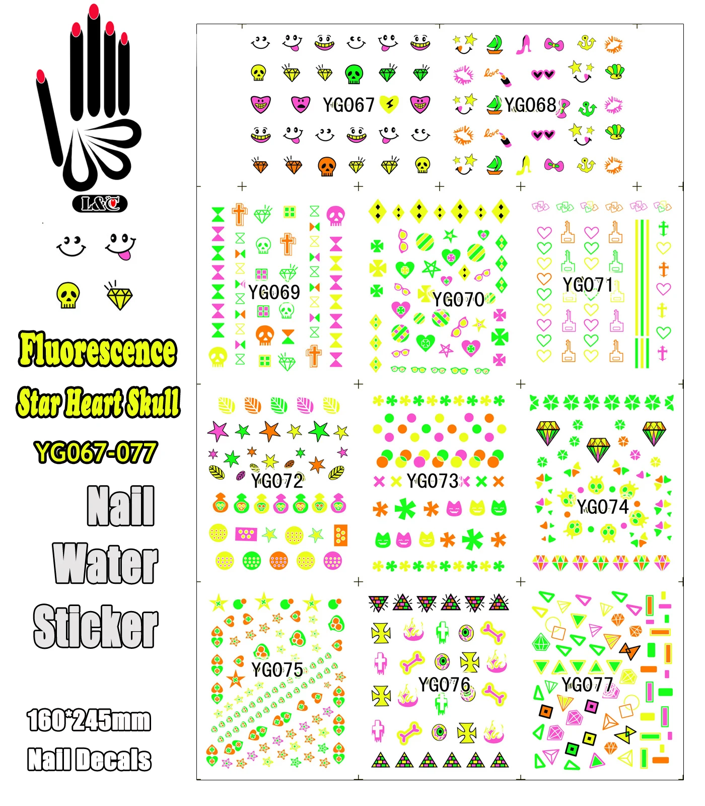 11 Sheets/Lot Nail Water YG067-077 Fluorescence Mixed Srar Heat Skull Art Sticker Manicure Decals(11 DESIGNS IN 1) | Красота и