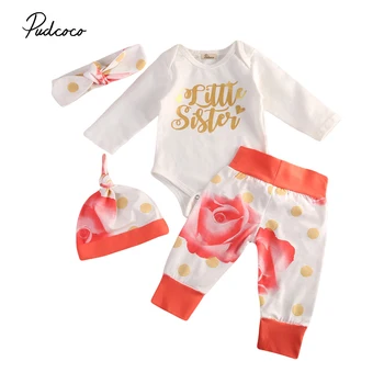 

4Pcs Newborn Baby Girls Clothes Set Flower Long sleeve Romper Jumpsuits+Long Pants Legging Baby Cotton Outfits Set Clothing 0-2Y