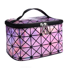 High Quality 3D laser Diamond Pattern Women Ladies Portable Cosmetic Bag Large Capacity Trunk Make Up Bags Zipper Handbag