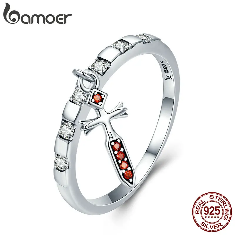 

BAMOER 100% 925 Sterling Silver Day Ring Tuesday Tyr Courage Sword Dangle Female Ring for Women Sterling Silver Jewelry SCR267