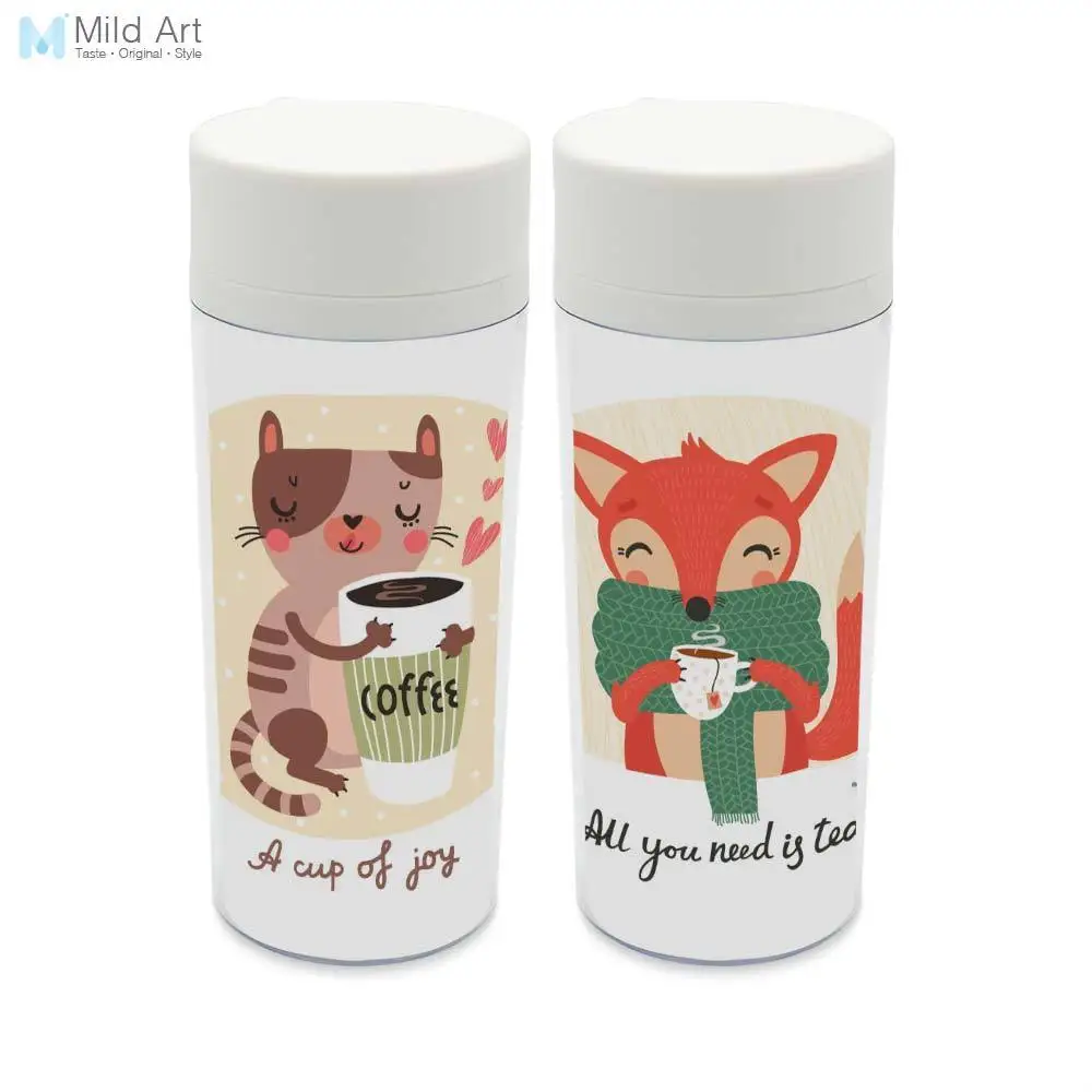 

With Lid Wide Mouth 300ml Kids Water Bottles Kawaii Animal Cat Fox Coffee Tea Personalized BPA Free Plastic Insulated Drinkware