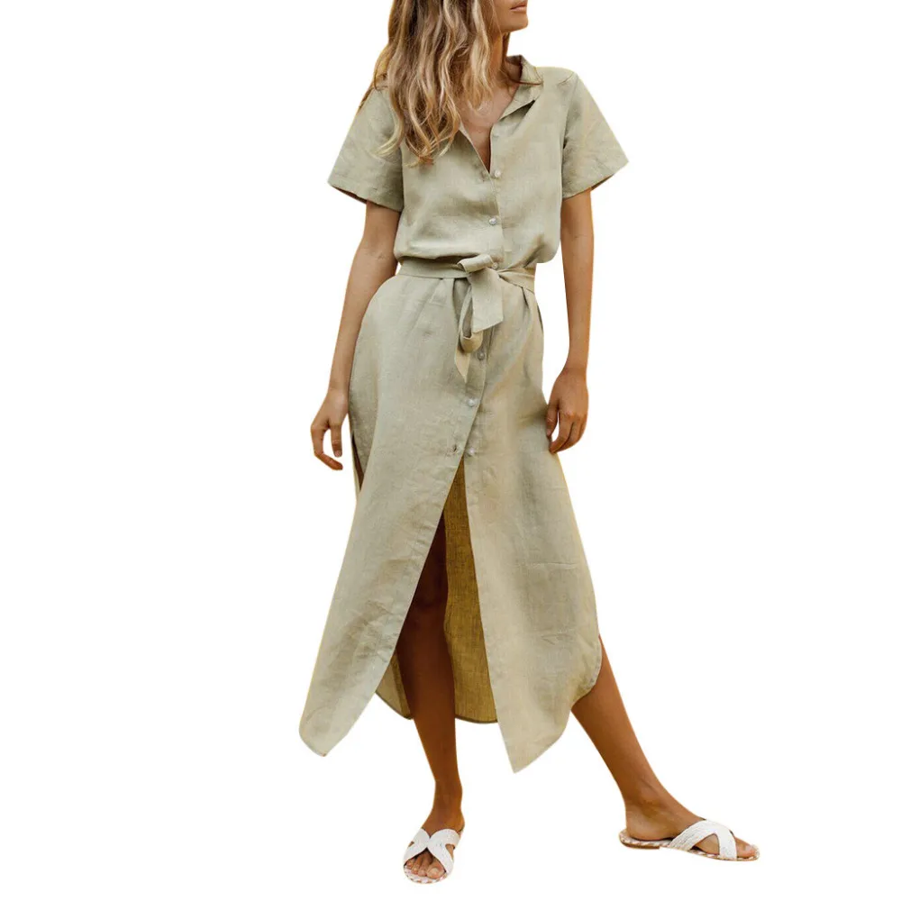 

Summer Plus Size Shirt Dress Summer Women V-Neek Button Bow Bandage Knee-Length Ladies Dress Soliid Maxi Dress Robe Longue