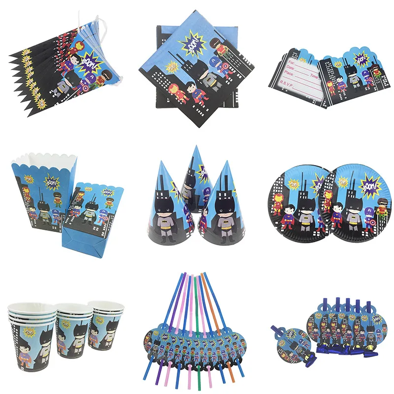 

Cartoon Avengers Party Tableware Sets Plate Napkins Banner hat Straws Happy Birthday popcorn Box Baby Shower Party Decoration