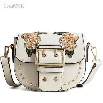 

Crossbody Bags For Women Fashion Semicircular Pu Leather Handbag Girl Rivet Embroidery Small Saddle Shoulder Lady Messenger Bags