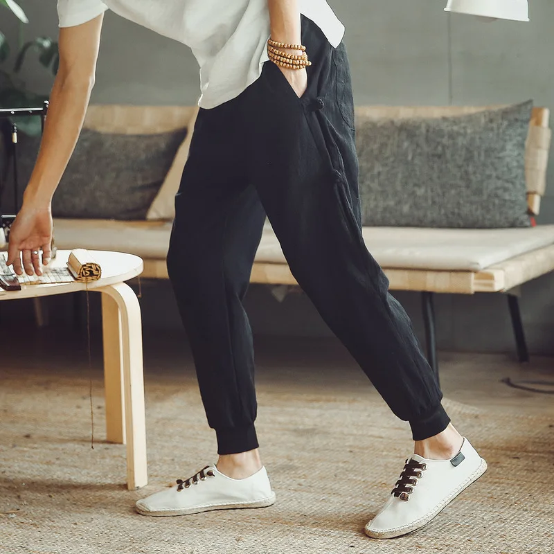 Original retro Chinese style windproof buckle pants pants men's XL loose casual stretch breathable feet pants linen casual pants