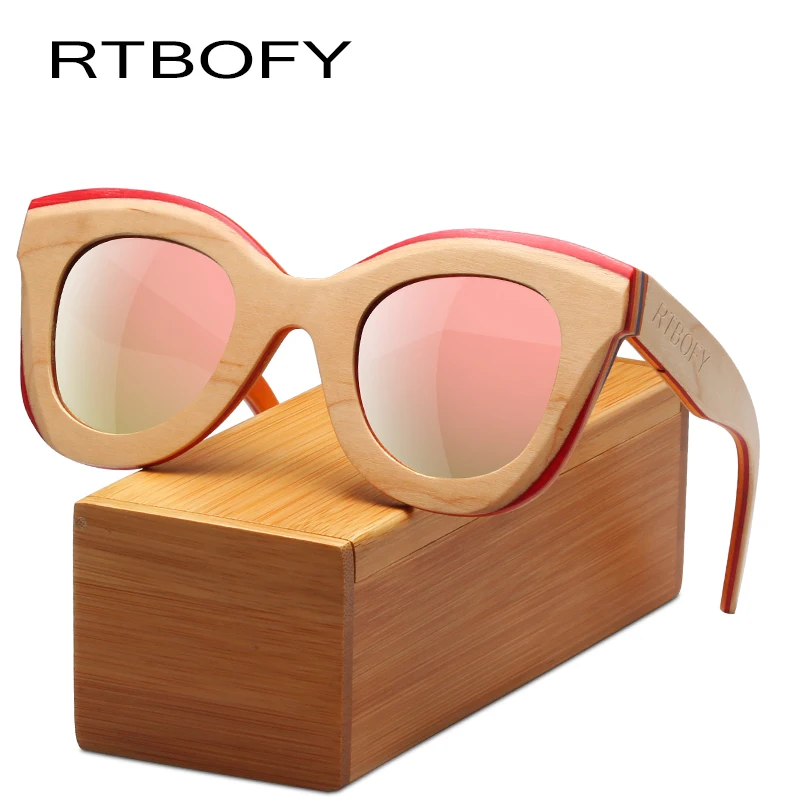 RTBOFY Wood Sunglasses for Men and Women Skateboard Wood Frame Shades font b Cat b font