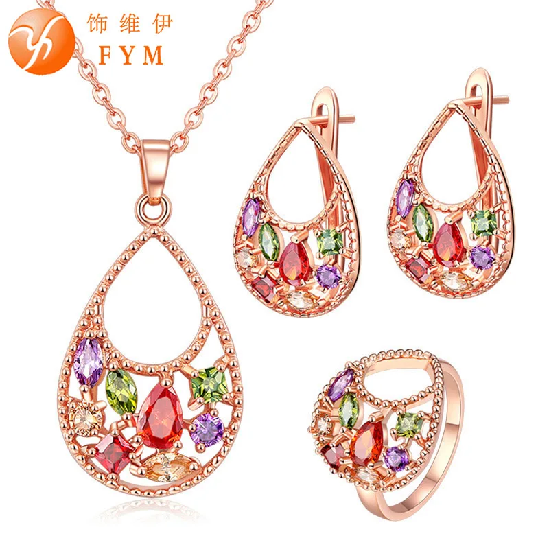 

FYM Brand Rose Gold color Hollow Water Drop inlay Colorful zircon Earring/Necklace/Ring Jewelry set for women personality Gift