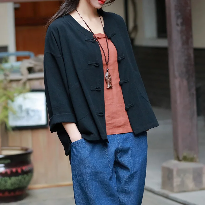 

Johnature 4 Color Shirts Women Cotton Linen Blouses Button 2019 Spring New V-Neck Long Sleeve Vintage Women Tops Solid Shirts