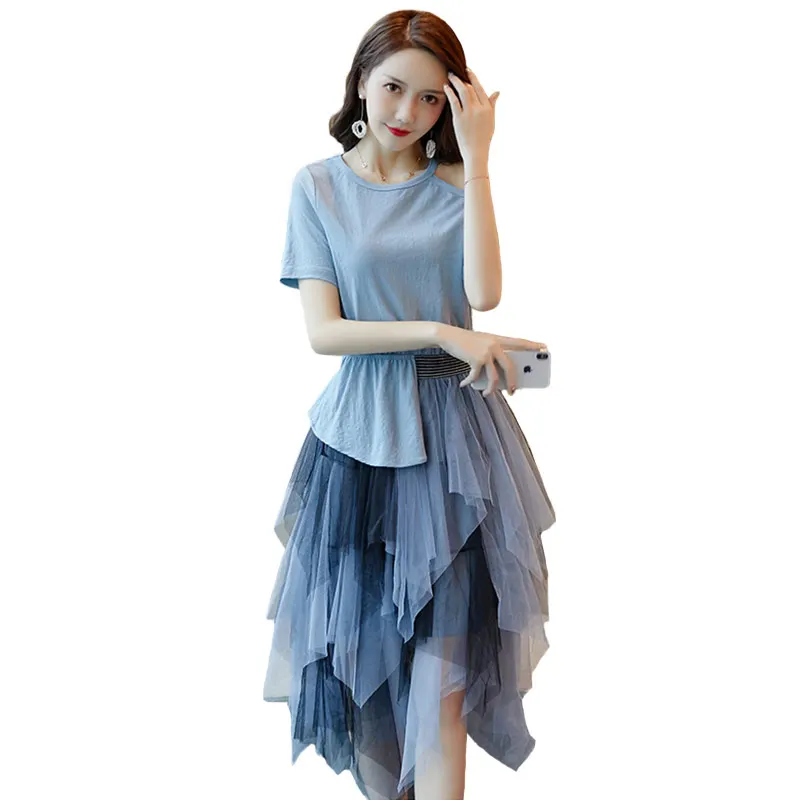 

Summer Irregular Mesh Patchwork Dresses For Women Off Shoulder O Neck Ruffle High Waist Midi Dress Female 2019 Fashion Clothing