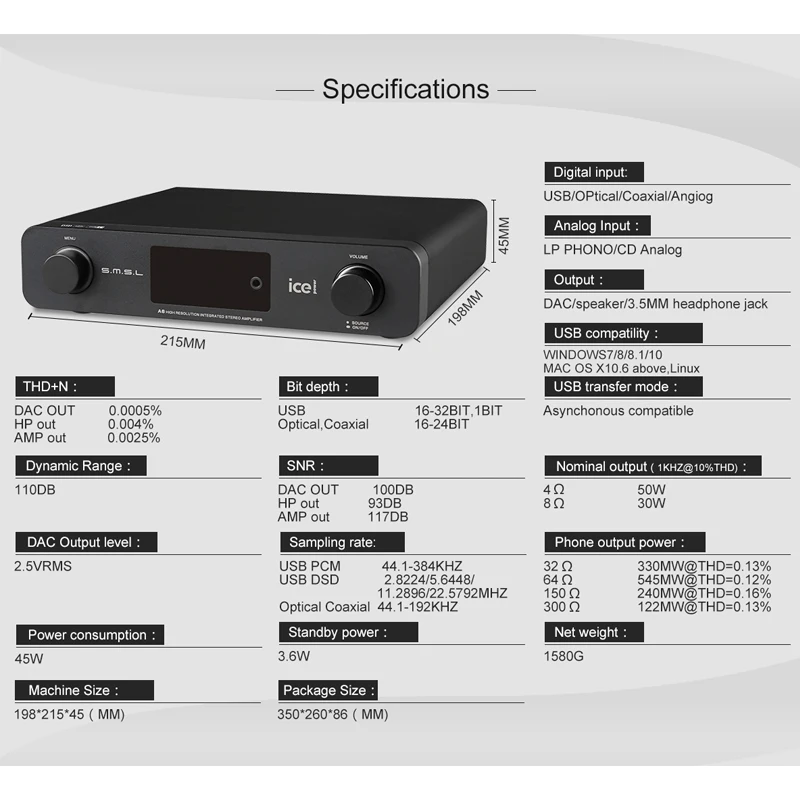 SMSL A6 Hi Fi Многофункциональный DSD Цифровой усилитель с DAC ICEPOWER 50AS * 2 SE модулем CM6632A +