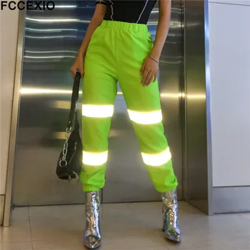 

FCCEXIO Women Fashion Reflective Spliced Cargo Pants 2019 Spring New Arrival Female Elastic Waist Workout Pants Casual Trousers