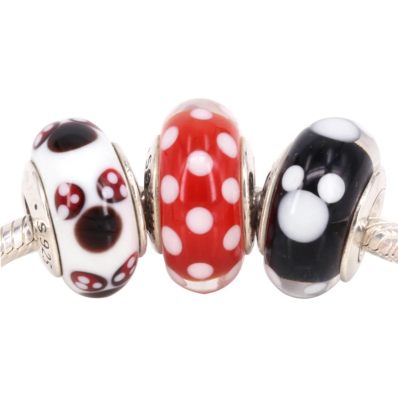 

3PCS Fits Pandora Charm Bracelets 925 Sterling Silver Classic Mickey&Minnie Charm Glass Beads 2014