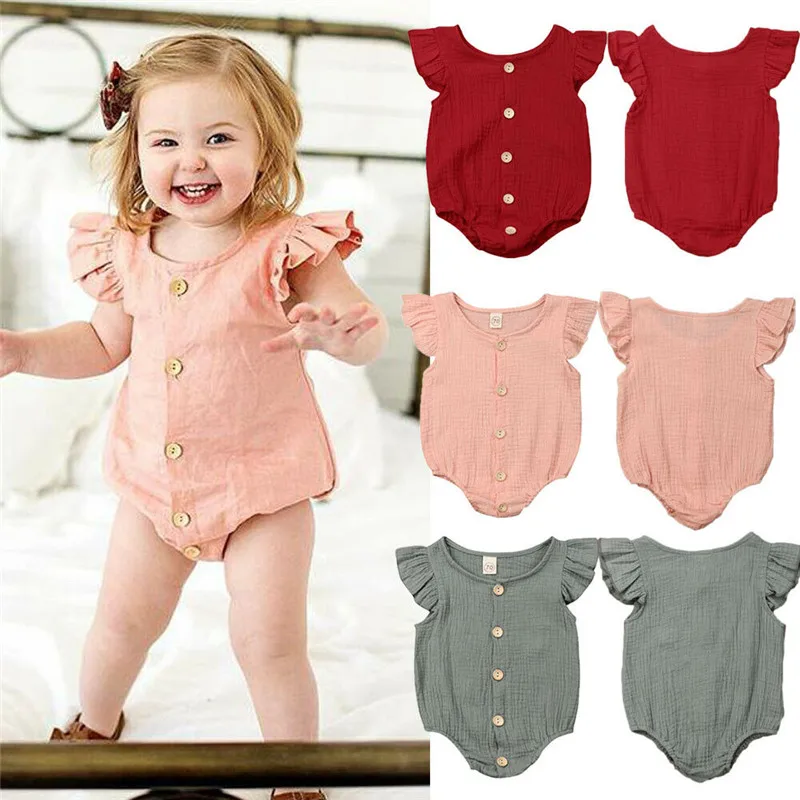 

Adorable Summer Infants Baby Girl Solid Fly Sleeve Rompers Solid Button Jumpsuits Single Breasted O-Neck Baby Girl Sunsuit 0-24M