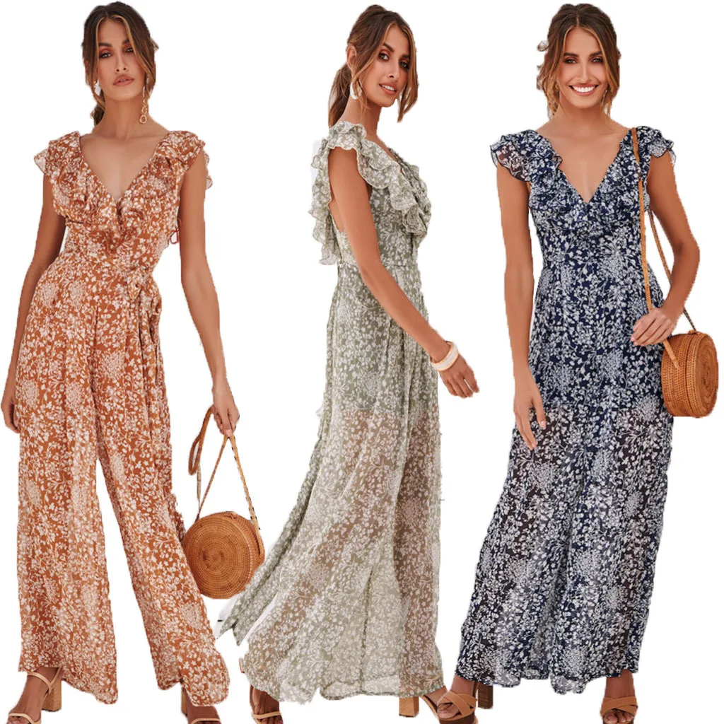 

wide leg Jumpsuit Rompers Womens floral Jumpsuit Sexy Backless Playsuit Sleeveless V Neck Mono Mujer Largo Elegante Summer 2019