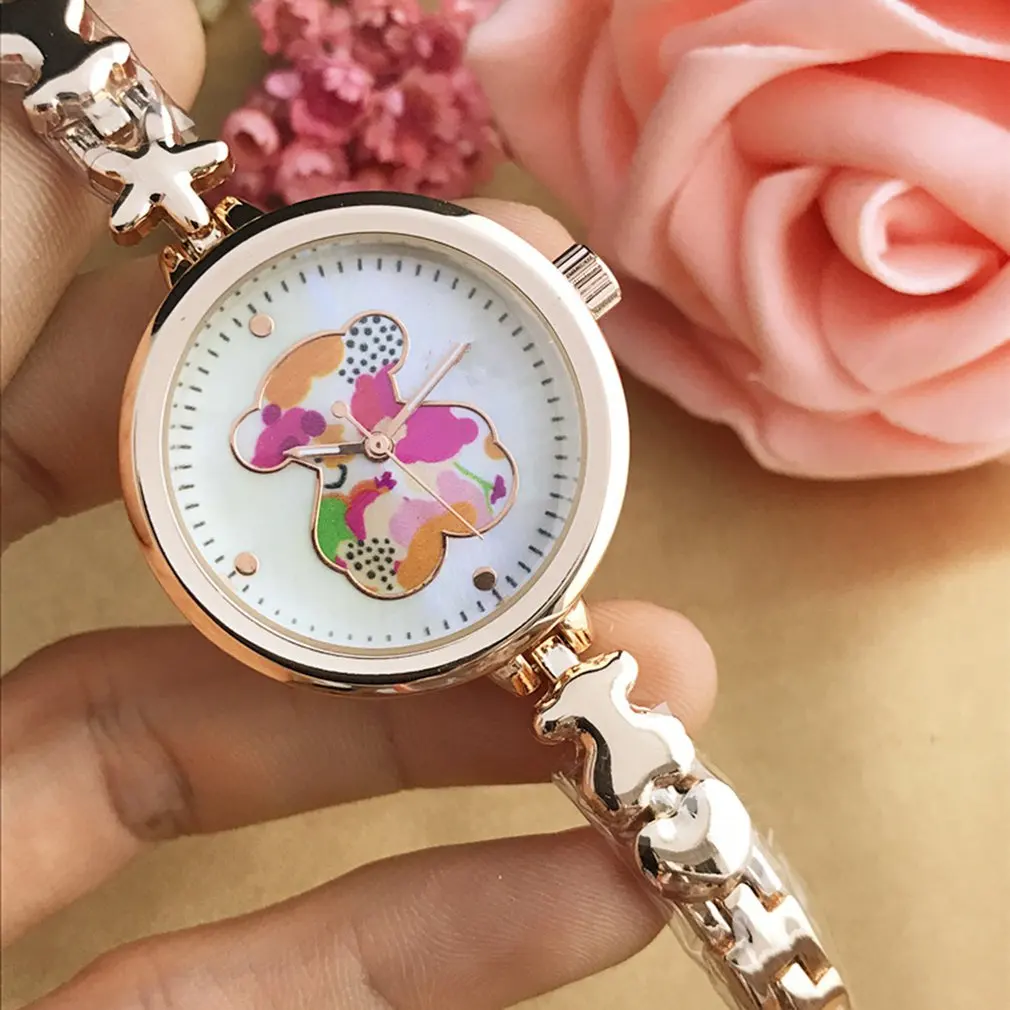 

Ladies Watch Quartz Ladies Watch Waterproof Metal Steel Strap Cartoon Bear Dial Analog Diamond Watch