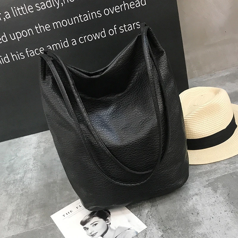 

Women Imitation Leather Handbags Black Bucket Shoulder Bags Ladies Cross Body Bags Large Capacity Ladies Shopping Bag