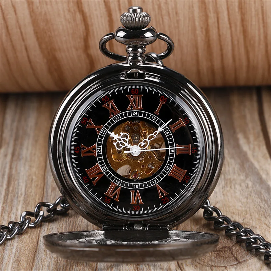 Модные ажурные цветы черный Механическая Рука обмотки брелок карманные часы Винтаж уникальный кулон часы подарок для Для мужчин Для