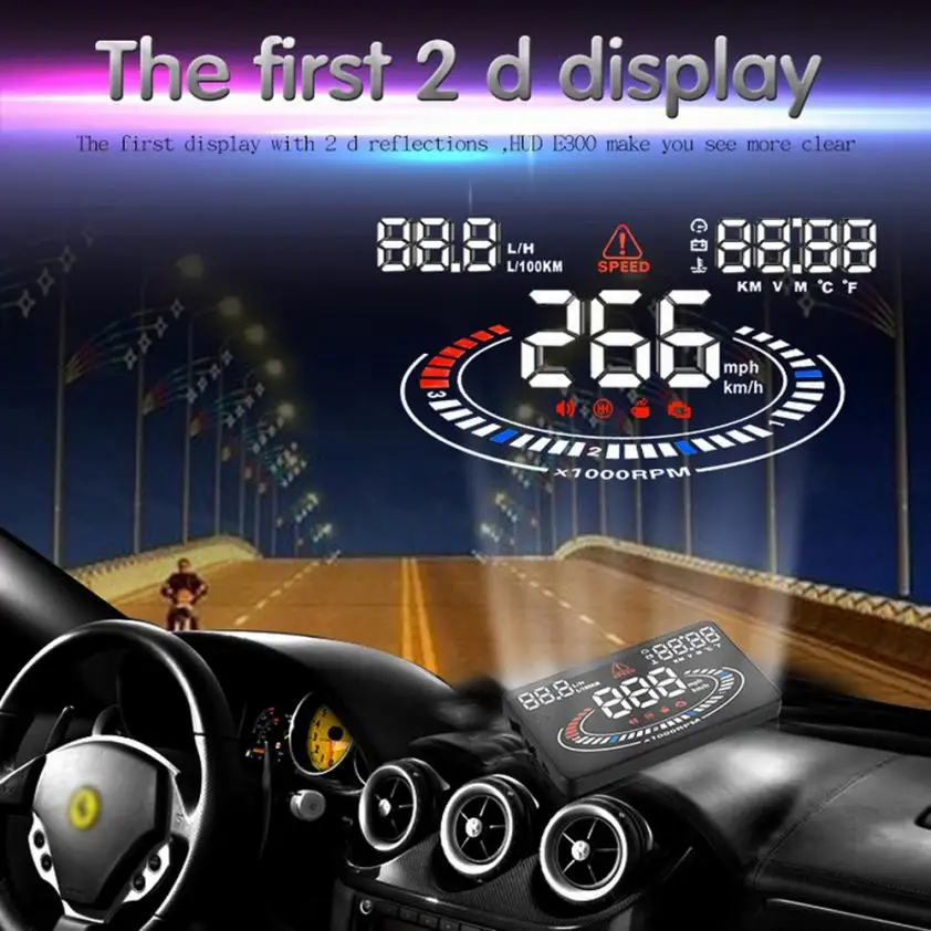 

New Arrival E300 Car HUD Head Up Display OBDII OBD Speeding Alarm 2D Reflect Display