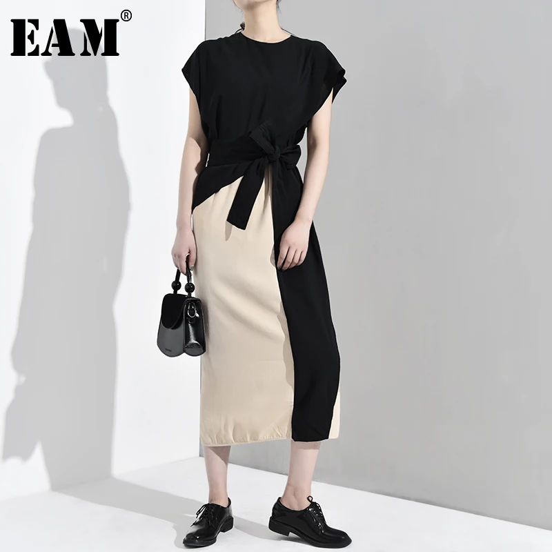 

[EAM] 2019 New Spring Summer Round Neck Short Sleeve Hit Color Split Joint Waist Bandage Dress Women Fashion Tide YC8460
