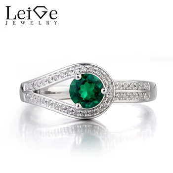 

Leige Jewelry Engagement Ring Emerald Ring May Birthstone Round Cut Green Gemstone Solid 925 Sterling Silver Ring Gifts for Her