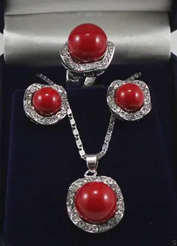 

Hot sale Free Shipping>> 10mm & 14mm red South sea Shell Pearl Earrings Ring Necklace Pendant Set