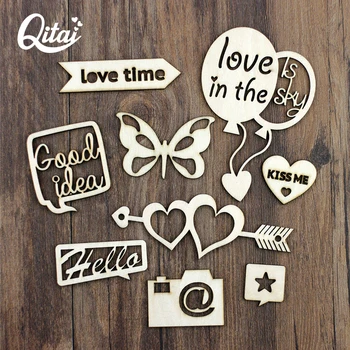 

QITAI 18Pcs/lot Wood Craft Lovely Shape Home Decoration DIY Scrapbooking Wooden Veneer wood Ornament Embellishments WF294