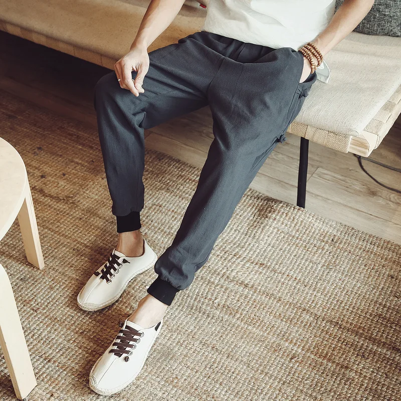 Original retro Chinese style windproof buckle pants pants men's XL loose casual stretch breathable feet pants linen casual pants