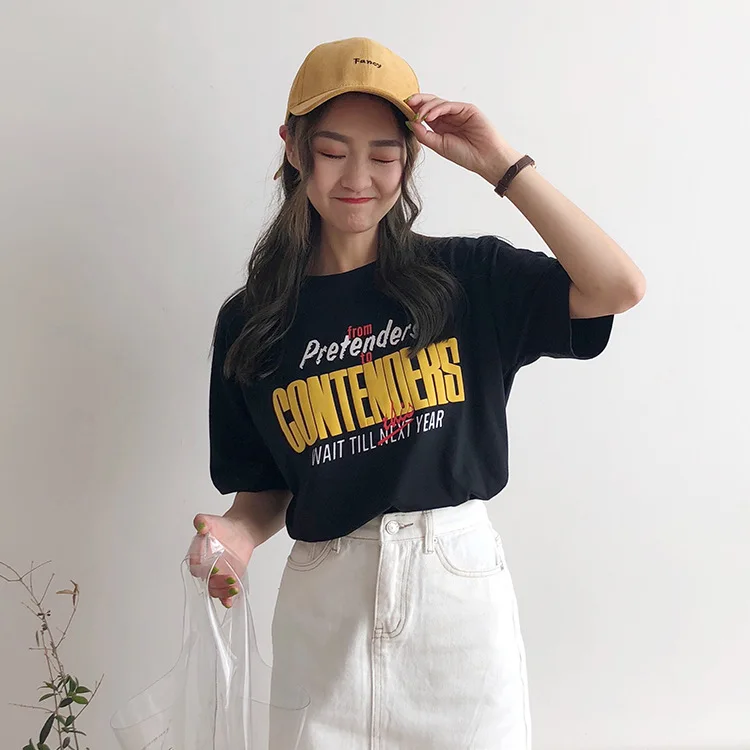

2019 Letter Print T-Shirt Female Casual Short Sleeve Tops Korea Loose Women Tshirt