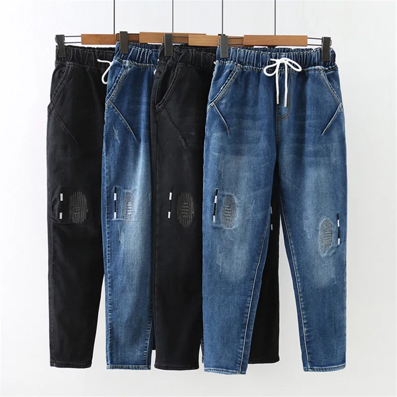 Mom Jeans Black and Blue Plus Size Loose Jeans 2019 New Spring Autumn Casual Elastic Waist Pants Women Plus Velvet Jeans CX651