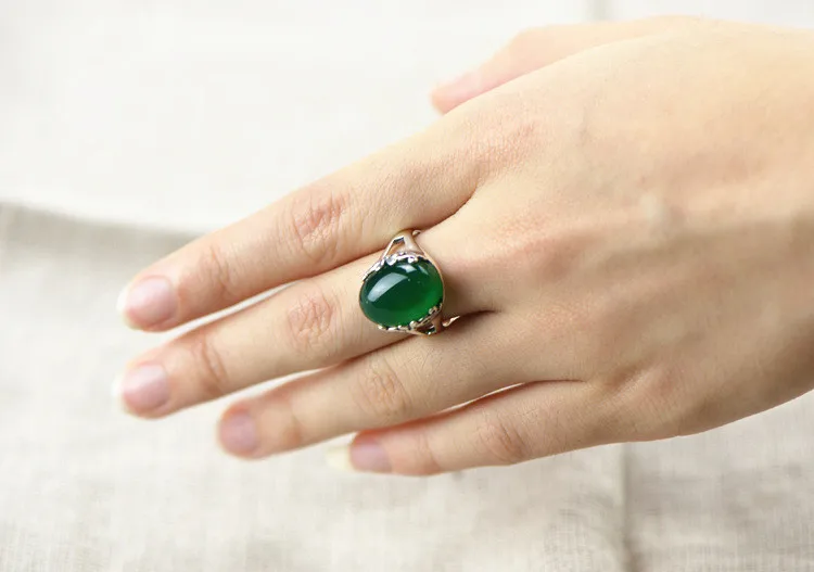FNJ чистое 925 пробы Серебряное кольцо для женщин ювелирное изделие с зеленым камнем хризопраз S925 тайское серебряное кольцо LR78