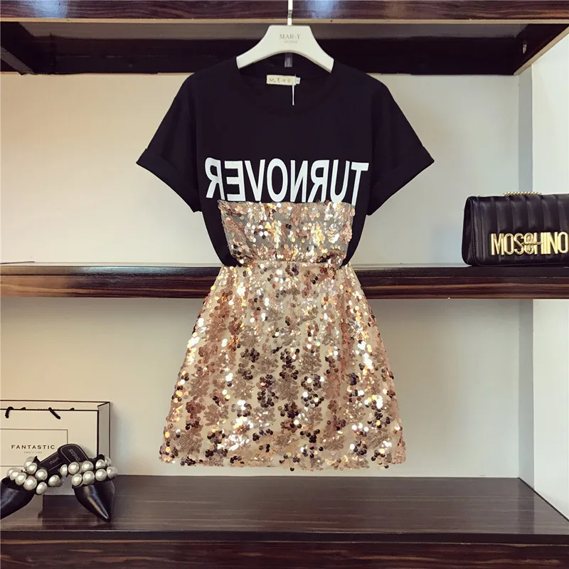 

HIGH QUALITY Letter Printing T-shirts+high Waist Sequined Skirt Spring Summer Cloth Suit Women Mini Skirts Two-piece Set