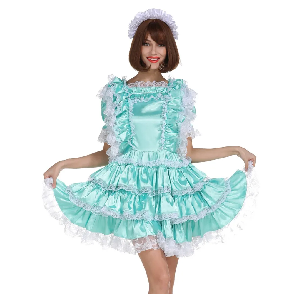 Sissy Girl Maid Shiny Satin Lockable Dress Costume Uniform Crossdressing Cosplay Costume On