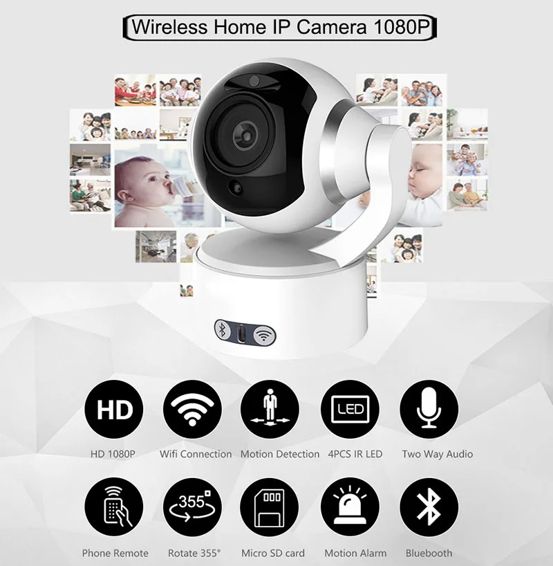 Full HD 1080P 2.0MP Home Network WIFI Wireless Video Surveillance Security CCTV Camera Bluetooth PTZ IP Camera With Speaker