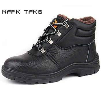 

mens fashion black large size steel toe cap working safety shoes genuine leather anti-puncture autumn winter ankle boots zapatos