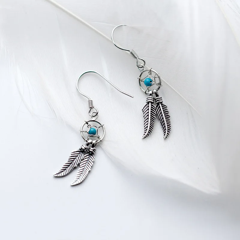 dreamcatcher blue bead feather tassel silver earrings woman S925 silver Jewelry fashion dangle earrings for women girl gift