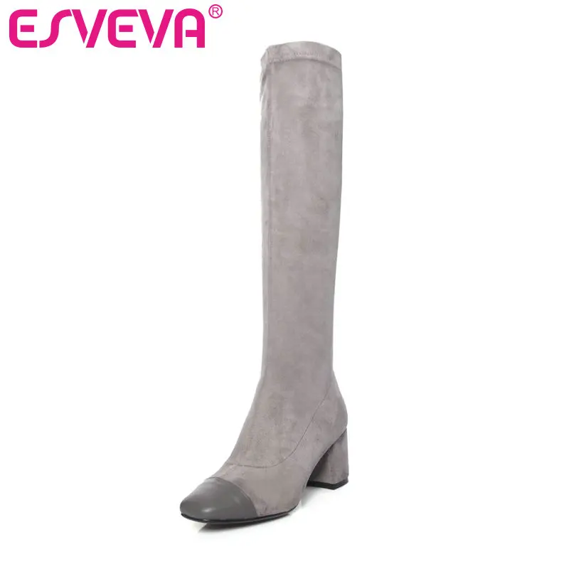 

ESVEVA 2020 Shoes Women Knee-high Boots Square High Heel Elegant Flock+PU Boots Shoes Size 34-39 Winter Motorcycle Boots