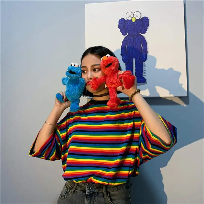 Neploe 2020 Women TShirts Rainbow Striped Tee Shirts O-neck Harajuku Loose T Shirt Woman Clothes Short Sleeve BF Tshirts 38094