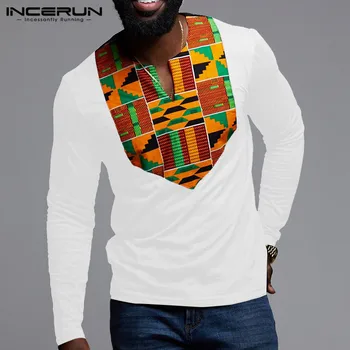 

African Clothing Men T Shirt Long Sleeve 2020 Printing Patchwork V Neck Tees Ethnic Style Casual Dashiki T-shirt Men 5XL INCERUN