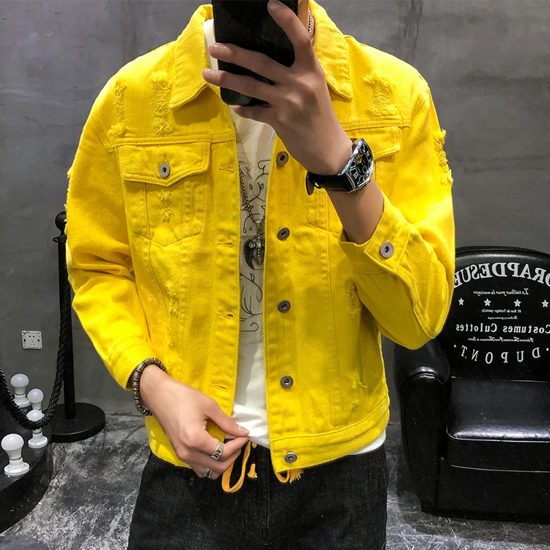 Осенняя Новинка, желтая джинсовая куртка, очень красивое пальто для пары, модный уличный стиль, куртка с дырками, высокое качество, размер S-3XL