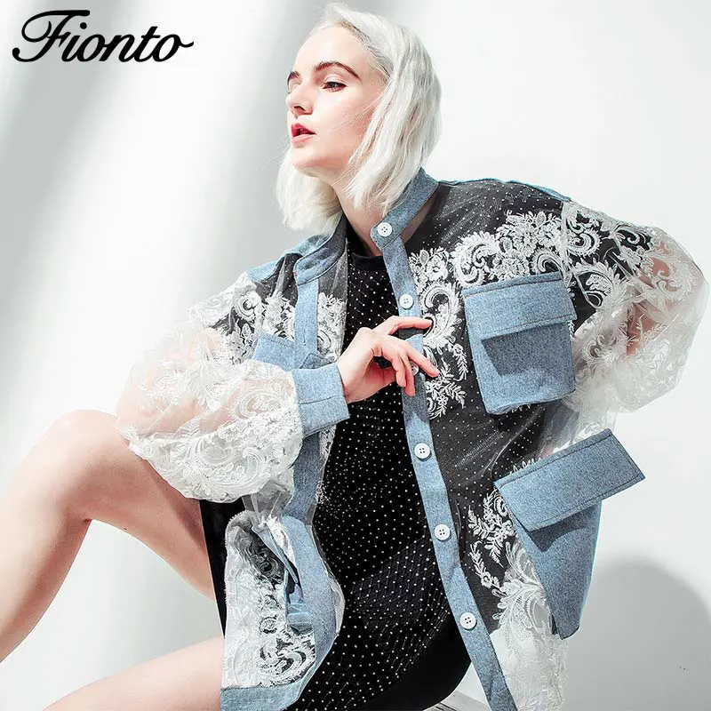 

Fionto Perspective Sexy and Delicate Lace Stitching Denim Broad-edition Jacket Sunscreen Suit