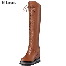 Elissara Для женщин PU+ ботинки из натуральной кожи женские сапоги до колена на высоком каблуке Кружево на толстом женская зимняя обувь на платформе plua размеры 34–42
