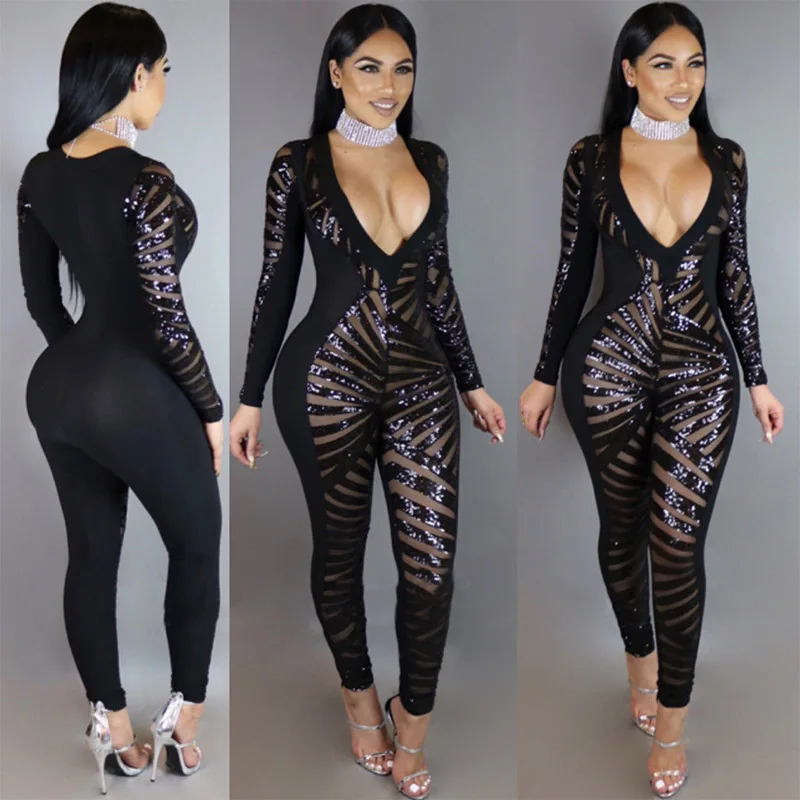 Women Skinny Lace Blaze Sequin Jumpsuit Black Sexy Deep V