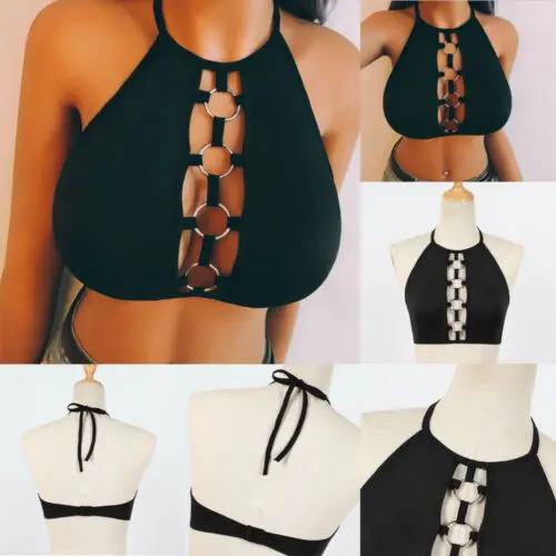 Women Sexy Hollow Out Rings Black Crop Top Sleeveless Halter Bustier Summer Casual Vest Casual Tank Tops Woman Clothes S-XL