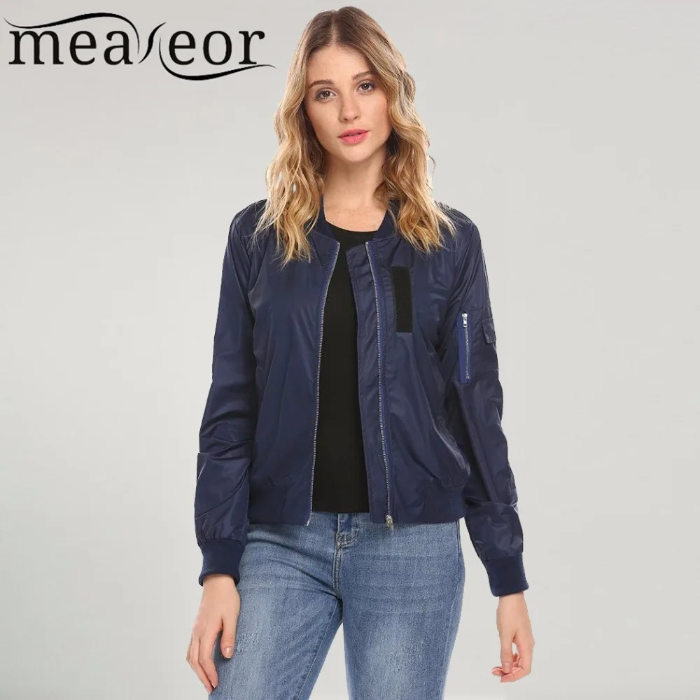 

Meaneor Women's Classic Jacket Lightweight Zip Up Stand Collar Solid Slim Fit Short Casual Bomber Jackets Pocket Ribbed cuff Top
