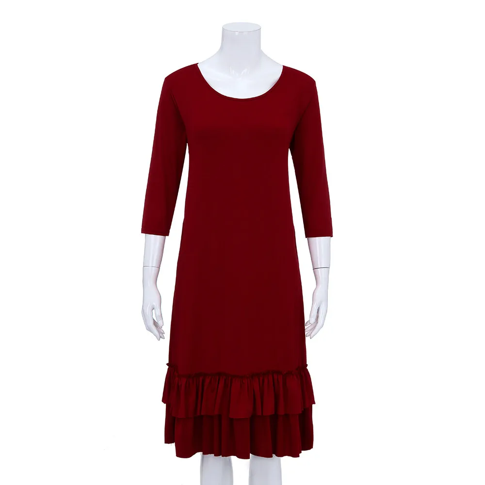 Страуса модное женское однотонное платье размера плюс три четверти с ниспадающими оборками длиной до колена прямое модное Повседневное платье
