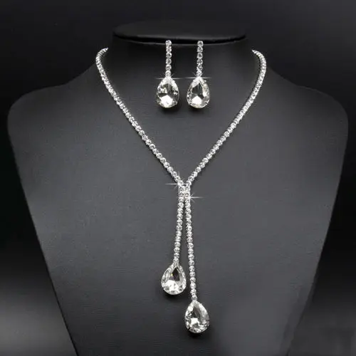 

Rhinone Crystal Drop Necklace Earring Plated Jewelry Set For Wedding Bridal T52