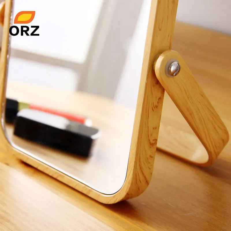 Espejo de maquillaje de plástico oblongo de escritorio ORZ espejo de dos caras de madera de grano de Color decorativo para baño espejo cosmético