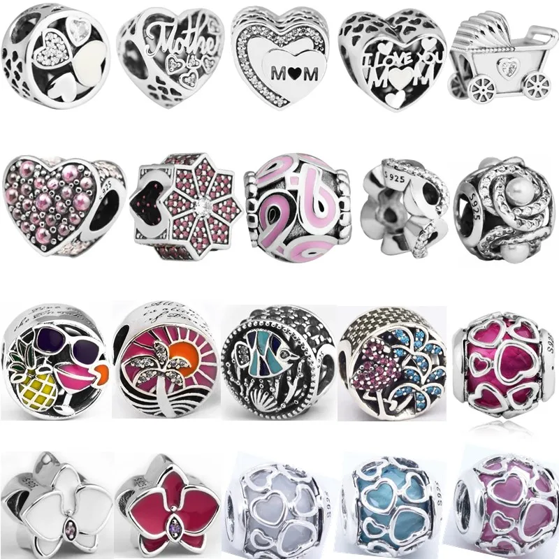 

2018 Spring Summer Love Mom Heart Charm Bead Fits Snake Chain Bracelet 925 Sterling Silver Baby Carriage Bead DIY Jewelry