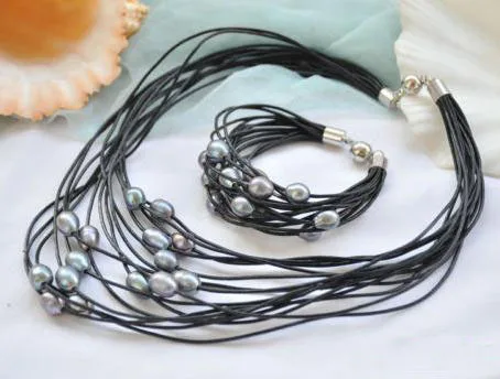 

New Arriver Real Pearl Leather Necklace,15rows 13mm Black Rice Freshwater Pearl Real Leather Necklace Bracelet Jewellery Set