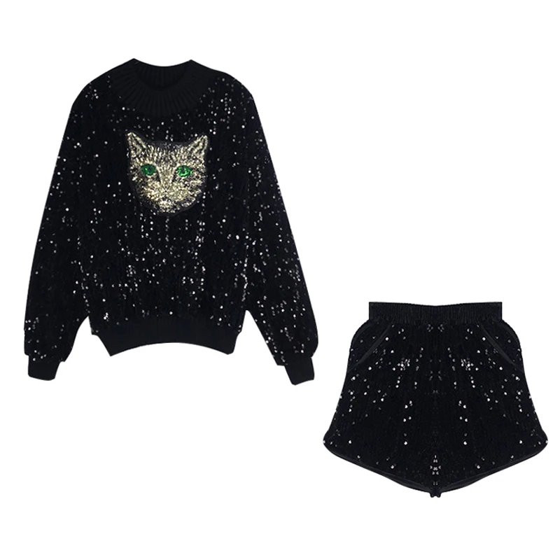 

PERHAPS U women shorts 2 two pieces set sequined cat pullover black elastic waist o neck long sleeve high street T0076